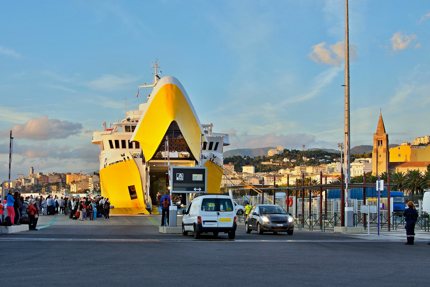 A ferry docks in Bastia