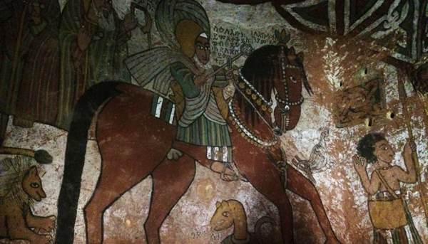 Mural of Saint Abuna Yemata riding a horse